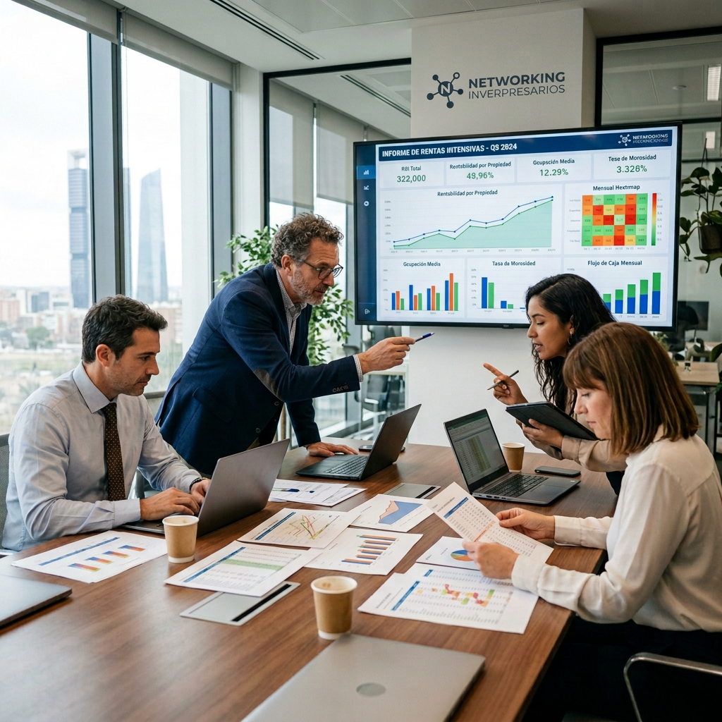 Four colleagues review rental performance charts and dashboards during an office meeting.