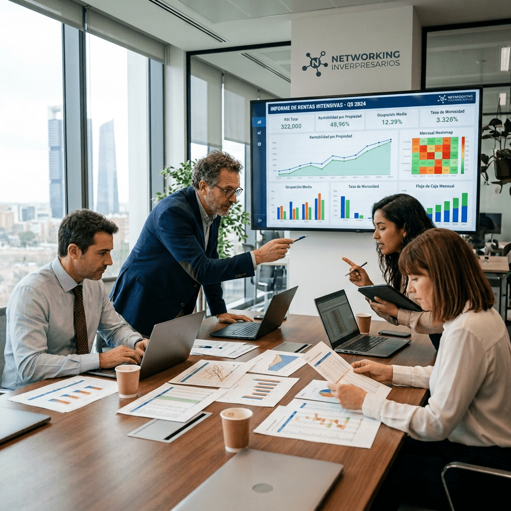 Four colleagues review rental performance charts and dashboards during an office meeting.