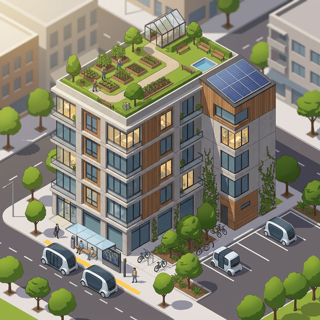 Modern apartment building with rooftop garden, greenhouse, solar panels, and electric vehicles